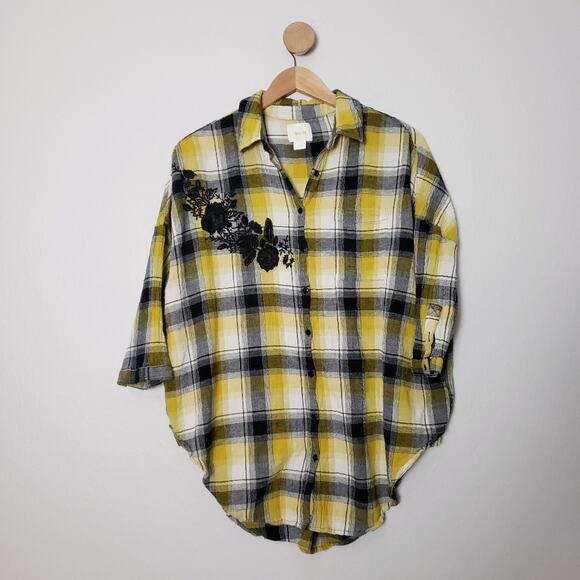 Anthropologie Maeve Embroidered Longline Yellow Black Plaid Button Down Top - Picture 1 of 12